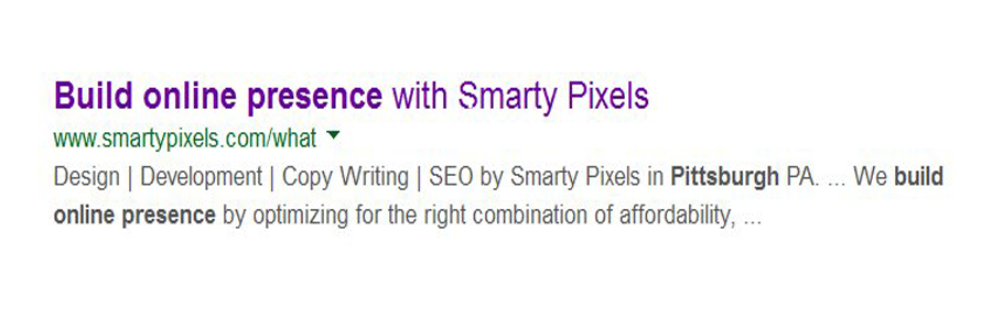 Smarty Pixels SERP for search phrase [build online presence pittsburgh]